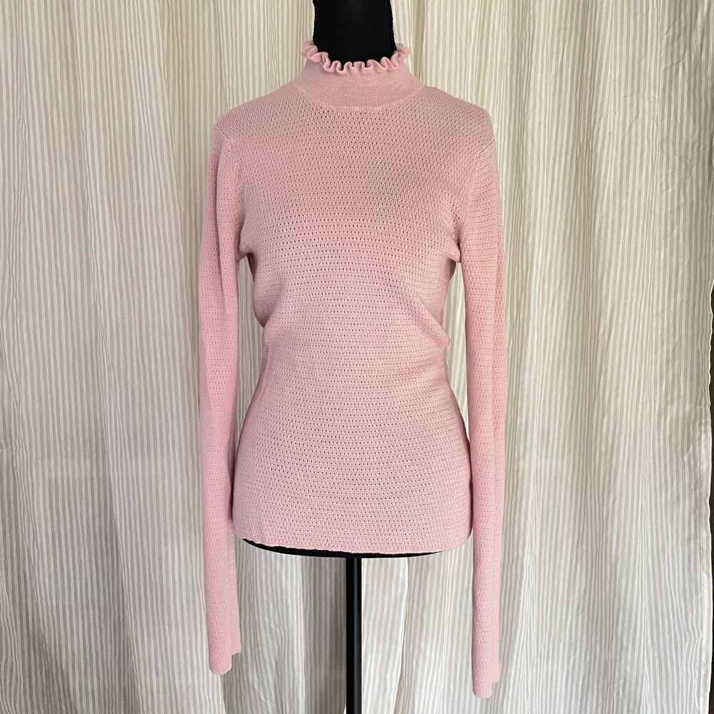 Womens Pink 100% Merino Wool Ruffle Mock Neck Pointelle Knit Sweater M